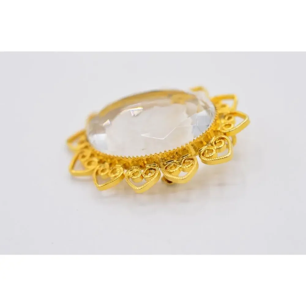 Vintage Cameo Pin Brooch Framed Glass Crystal Clear Oval Gold Tone 1980s 9B